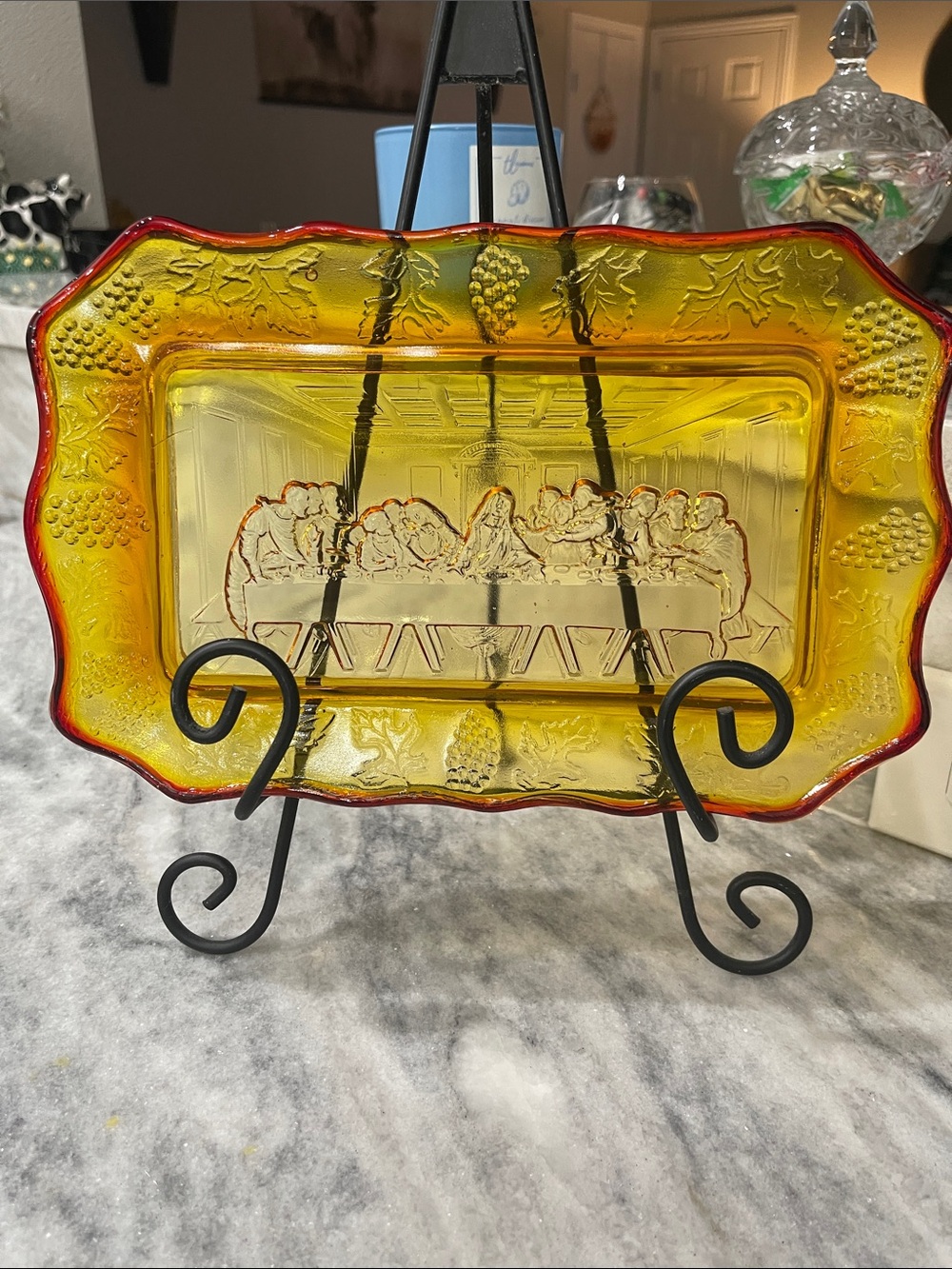 Tiara Amber Glass Platter with Red Rim and Embossed Relief